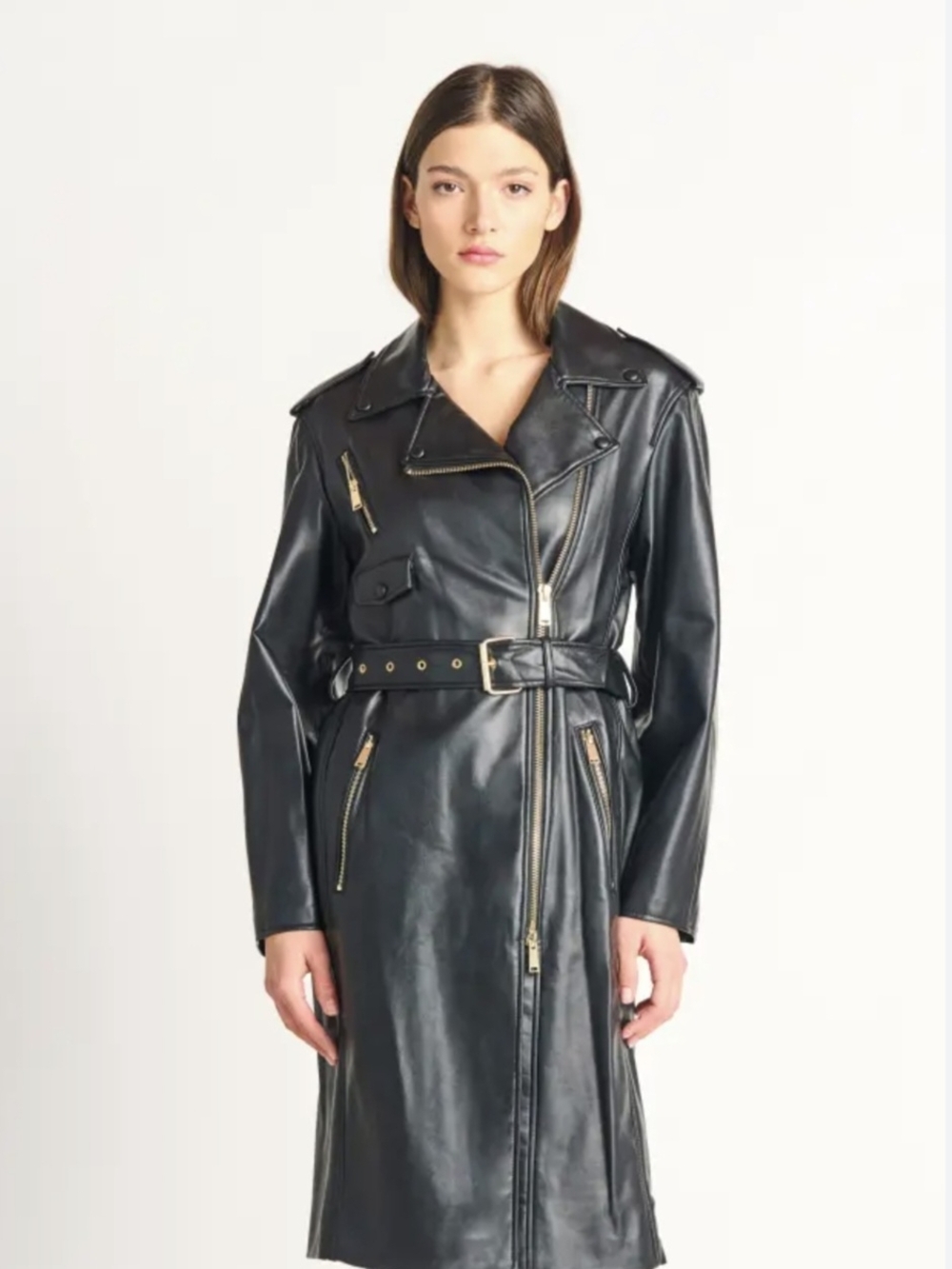 Dex Black Faux Leather Long Moto Jacket with Gold Hardware